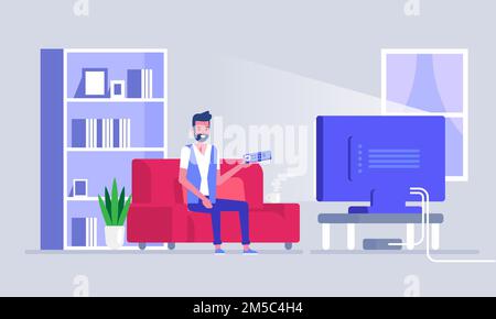 Mann, der auf dem Sofa im Innenraum des Wohnzimmers fernsieht Mann auf dem Sofa, sieht einen Mann im Zimmer mit tv-Bildschirm Vector im flachen Stil. Stock Vektor