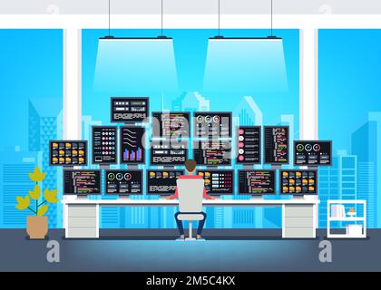 Professioneller Programmierer, der Code an seinem großen Schreibtisch schreibt, mit mehreren Displays Vektordarstellung Stock Vektor