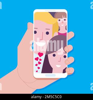 Beste Freunde machen Selfie auf Handy oder Smartphone und verbringen gleichzeitig Freizeit. Die Leute Machen Selfie Foto Hipster Friends Flat Vector Illustratio Stock Vektor
