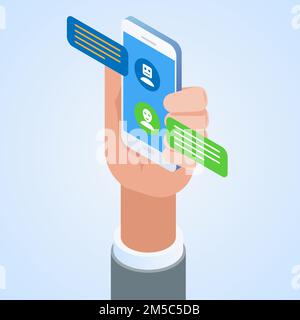 Chatbot-Konzept. Mann, der mit Chat bot auf dem Smartphone chattet. Vektordarstellung Stock Vektor