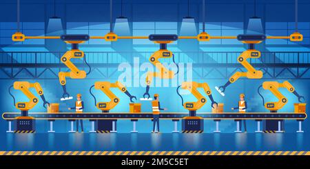 Effiziente, intelligente Fabrik mit Arbeitern, Robotern und Montagelinie, Industrie 4,0 und Technologiekonzept Vektordarstellung Stock Vektor