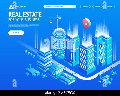 Сommercial Immobilien für Ihr Unternehmen. Wählen Sie Kriterien für das Büro. Isometrische Vektorillustation mit Gebäuden. Landing-Page-Vorlage. Stiftleiste für w Stock Vektor
