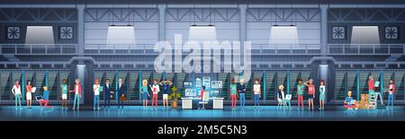 Rechenzentrum mit Hosting-Servern und Mitarbeitern, die im Rechenzentrumsraum arbeiten Hosting Server Computer Monitoring Information Database Flat Vector Illu Stock Vektor