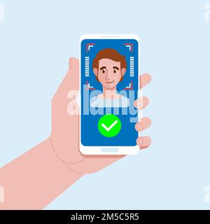 Gesichtserkennungskonzept. Face ID, Gesichtserkennungssystem. Hand hält Smartphone mit menschlichem Kopf und Scan-App auf dem Bildschirm. Moderne Anwendung. Stock Vektor