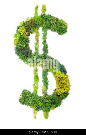 Dollarsymbol mit grünem Moos auf weißem Hintergrund Stockfoto