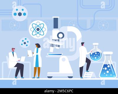 Abbildung des Flachvektors einer chemischen Laborstudie. Wissenschaftler, Chemiker in weißen Kitteln, Zeichentrickfiguren. Atomstrukturstudie, Laborversuch. Che Stock Vektor