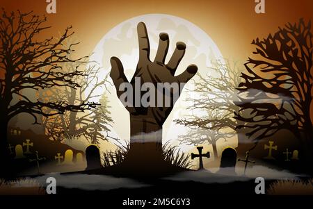 Halloween-Hintergrund. Die Zombie-Hand erhebt sich aus dem Boden. Vektordarstellung Stock Vektor