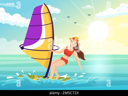 Windsurfen mit der Person, die auf dem Segelboot steht und die Segel hält, in extremen Wassersportarten flache Cartoon Handgemalte Vorlagen Illustration Stock Vektor