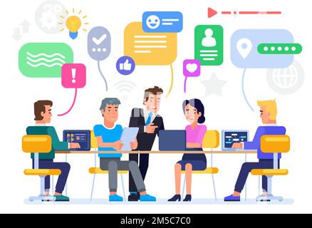 Geschäftsleute diskutieren über soziale Netzwerke, Nachrichten, soziale Netzwerke, Chat, dialog, Sprechblasen, Neue Projekte. Flache Vektordarstellung. Stock Vektor