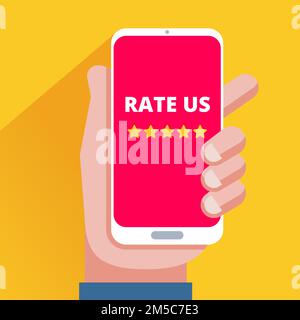Handgehaltenes Smartphone mit fünf Sternen auf dem Bildschirm. Bewertungskonzept. vektordarstellung in flacher Form Stock Vektor
