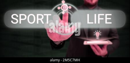 Schild mit Sport Life. Ein Wort, das auf sportliche Aktivitäten oder andere körperliche Aktivitäten im Freien geschrieben wurde Stockfoto