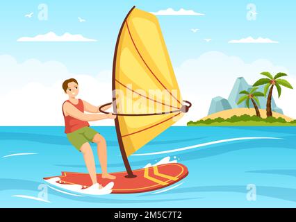 Windsurfen mit der Person, die auf dem Segelboot steht und die Segel hält, in extremen Wassersportarten flache Cartoon Handgemalte Vorlagen Illustration Stock Vektor