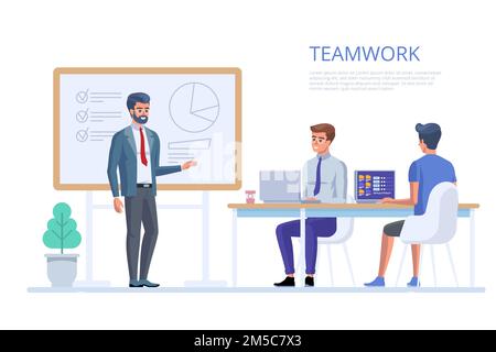 Teamarbeit im Büro. Kreative Teammitglieder für Ideendiskussionen. Geschäftsfiguren in der Arbeitsumgebung. Vektordarstellung Stock Vektor