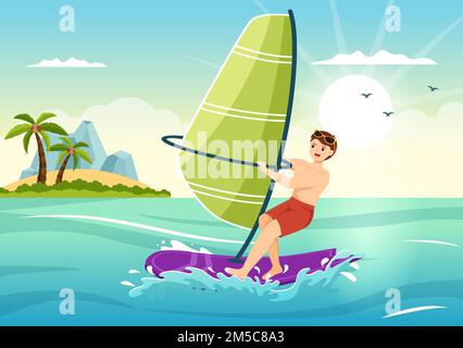 Windsurfen mit der Person, die auf dem Segelboot steht und die Segel hält, in extremen Wassersportarten flache Cartoon Handgemalte Vorlagen Illustration Stock Vektor