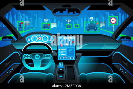 Das Cockpit des autonomen Autos. Selbstfahrendes Fahrzeug. Künstliche Intelligenz auf der Straße. Head-Up-Display (HUD) und verschiedene Informationen. Fahrzeuginnenraum. Stock Vektor