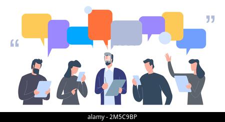 Geschäftsleute diskutieren über soziale Netzwerke, Nachrichten, soziale Netzwerke, Chat, dialog, Sprechblasen. Flache Vektordarstellung Stock Vektor