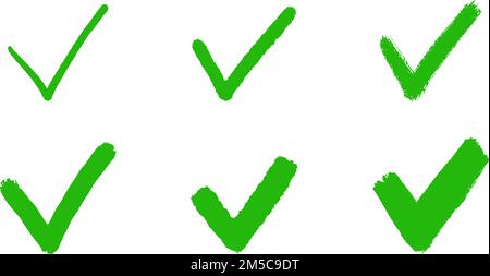 Von Hand gezogenes Häkchen. Pinselzeichnungen OK und JA. Aktivieren Sie das Kontrollkästchen „V for“ (V für). Wahre Symbole. Vektordarstellung isoliert auf weißem Hintergrund Stock Vektor