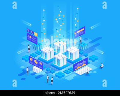 Konzept der Datenvisualisierung. Personen, die mit Diagrammen interagieren und Statistiken analysieren. Darstellung des isometrischen 3D-Vektors. Stock Vektor
