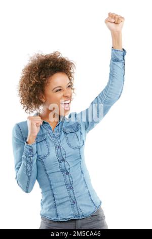 Jede Leistung beginnt mit der Entscheidung, es zu versuchen. Studiofoto einer attraktiven jungen Frau, isoliert auf Weiß. Stockfoto