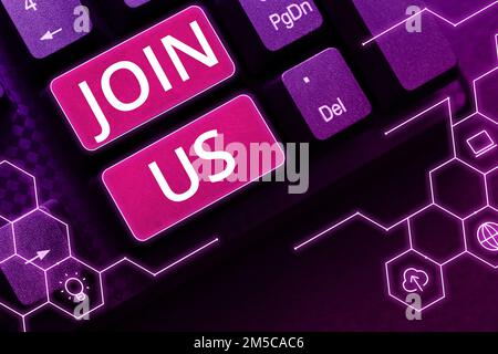 Inspiration zeigt das Schild Fügen Sie uns bei. Konzeptfoto Registrieren Sie sich im Community-Team oder im Blog Registrieren Sie sich bei den sozialen Medien Stockfoto