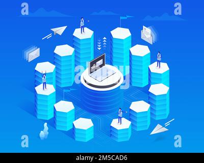 Das Konzept der Marketingautomatisierung im isometrischen Design. Analyse des Geschäftswachstums oder Strategieentwicklung. Vektordarstellung. Stock Vektor