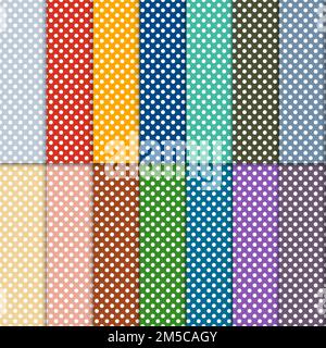 Satz nahtloser Muster oder Textur mit bunten kleinen Punkten. „Polka Dot“-Stoffkollektion. Lässige, stylische Polka Dots-Struktur auf hellem Hintergrund Stock Vektor