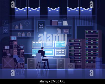 Der gefährliche Hacker bricht in staatliche Datenserver ein und infiziert ihr System mit einem Virus. Sein Versteck hat dunkle Atmosphäre, mehrere Ausstellungen, Stock Vektor