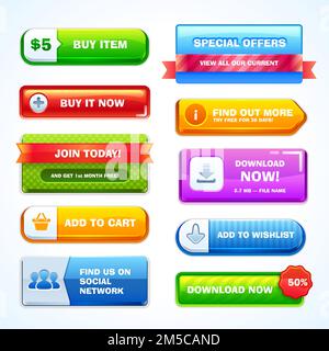 Farbenfrohe Schaltflächen für Website oder App. Vektor. Stock Vektor