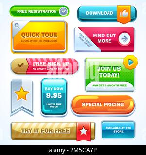 Farbenfrohe Schaltflächen für Website oder App. Vektor. Stock Vektor