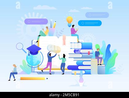 E-Learning-Konzept Illustration junger Menschen, die Laptops und Tablet-pcs für Fernstudium und Bildung nutzen. Jungs und junge Frauen sitzen auf dem Bi Stock Vektor