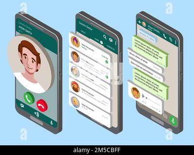 Modell eines Telefons mit mobilem Messenger auf dem Bildschirm. Isometrische Darstellung des Vektors Stock Vektor