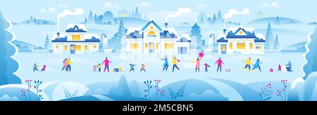 Schneebedeckte Landschaft mit kleiner Stadt. Eine Menge winziger Leute in Winterkleidung oder Oberbekleidung. Stadtstraße mit wunderschönen Häusern, die für Neujahr dekoriert wurden Stock Vektor