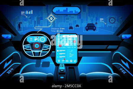 Automobil-Cockpit, verschiedene Informationsmonitore und Head-up-Displays. Autonomes Fahrzeug, fahrerloses Fahrzeug, Fahrerassistenzsystem, ACC (Adaptive Cruise C) Stock Vektor