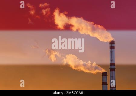 Ökologisches Konzept. Vor dem Hintergrund der ungarischen Flagge tritt Rauch aus den Schornsteinen eines Industrieunternehmens aus und verschmutzt die Luft. Stockfoto