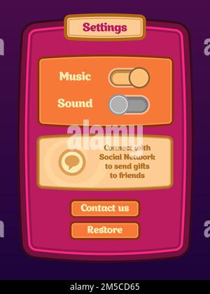 Spiel-UI. Bildschirm „Einstellungen“. Ein lustiges Comic-Design-ui-Spieloptionen-Bedienfeld. Vector eps 10. Stock Vektor