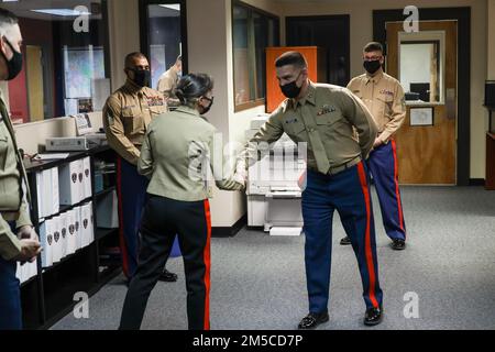 USA Marinekorps Brigade. General Julie L. Nethercot, kommandierender General von Parris Island Recruit Depot und Eastern Recruiting Region, und Sergeant Major Edwin Mota, Sergeant Major von Parris Island Recruit Depot und Eastern Recruiting Region, besuchten Recruiting Station Columbia, um herausfordernde Münzen in Columbia, South Carolina, am 1. März 2022 zu vergeben. Während ihres Besuchs verlieh Nethercot Hauptmann James Paradise, Staff Sgt. Richard Gastelum, Staff Sgt. Kyle Nangauta, Sgt. Toby Jones und Sgt. Fernanda Herrerazarate für herausragende Leistungen herausfordernde Münzen. Stockfoto