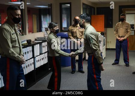 USA Marinekorps Brigade. General Julie L. Nethercot, kommandierender General von Parris Island Recruit Depot und Eastern Recruiting Region, und Sergeant Major Edwin Mota, Sergeant Major von Parris Island Recruit Depot und Eastern Recruiting Region, besuchten Recruiting Station Columbia, um herausfordernde Münzen in Columbia, South Carolina, am 1. März 2022 zu vergeben. Während ihres Besuchs verlieh Nethercot Hauptmann James Paradise, Staff Sgt. Richard Gastelum, Staff Sgt. Kyle Nangauta, Sgt. Toby Jones und Sgt. Fernanda Herrerazarate für herausragende Leistungen herausfordernde Münzen. Stockfoto