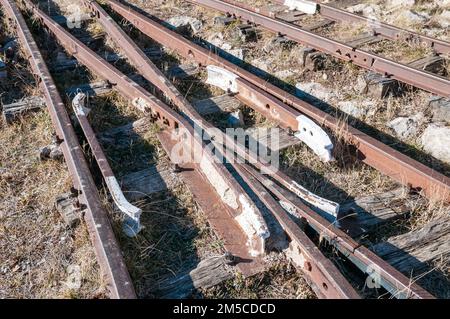 Eisenbahnwechsel, alte Eisenbahnstrecke, jetzt in eine Touristenattraktion umgewandelt, Vallcebre, Katalonien, Spanien Stockfoto