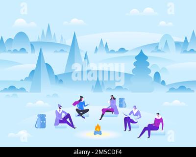 Parks und Outdoor. Eine Gruppe von Freunden in der Nähe des Lagerfeuers mit einem Lagerfeuer-Lied. Hintergrund Winterlandschaft. Wälder, Bäume und Hügel. Flaches Cartoo im Vector-Stil Stock Vektor