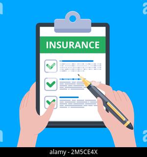 Formular für Versicherungsansprüche. Ein Mann schreibt Form, hält das Klemmbrett in der Hand. Vektordarstellung flache Konstruktion. Stock Vektor