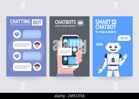 Automatisierung von bot-Marketing für Chats. Chatbots und das Kundenerlebnis. Intelligenter Chatbot für Ihr Unternehmen. Vektorposter für Unternehmen, Website, Banner, Stock Vektor