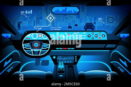 Automobil-Cockpit, verschiedene Informationsmonitore und Head-up-Displays. Autonomes Fahrzeug, fahrerloses Fahrzeug, Fahrerassistenzsystem, ACC (Adaptive Cruise C) Stock Vektor