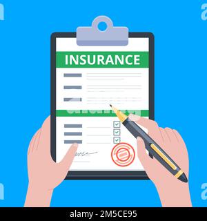 Formular für Versicherungsansprüche. Ein Mann schreibt Form, hält das Klemmbrett in der Hand. Vektordarstellung flache Konstruktion. Stock Vektor
