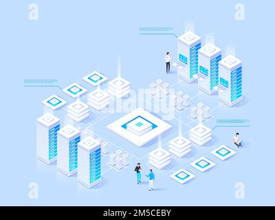 Isometrische Vektordarstellung des Rechenzentrums. Abstrakter 3d-Hosting-Server oder Rechenzentrumsraum im Hintergrund. Website zur Netzwerk- oder Mainframe-Infrastruktur heade Stock Vektor