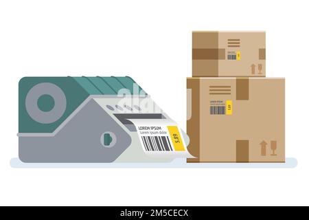 Etikettendrucker mit Kartons. Verpackungskartons, die mit einem Barcode gekennzeichnet sind. Abbildung des Vektorsymbols Stock Vektor
