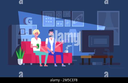 Freunde sitzen auf dem Sofa und schauen Fernsehen Freundschaft und Unterhaltung Vector-Illustration in flachem Stil. Stock Vektor