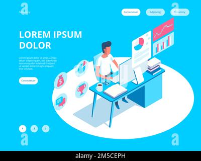 Junger Mann, der an Computerprogrammierern arbeitet, Geschäftsanalyse, Design, Strategie. Darstellung des isometrischen Vektors Stock Vektor