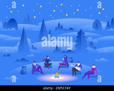 Parks und Outdoor. Eine Gruppe von Freunden in der Nähe des Lagerfeuers mit einem Lagerfeuer-Lied. Hintergrund Winterlandschaft. Wälder, Bäume und Hügel. Flaches Cartoo im Vector-Stil Stock Vektor