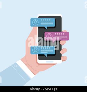 Handy Chat Nachricht Benachrichtigungen Vector Illustration auf Farbe Hintergrund isoliert, Hand mit Smartphone und Chat bubble reden, Konzept o Stock Vektor