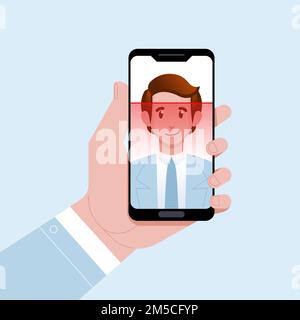 Gesichtserkennungskonzept. Face ID, Gesichtserkennungssystem. Hand hält Smartphone mit menschlichem Kopf und Scan-App auf dem Bildschirm. Moderne Anwendung. Stock Vektor